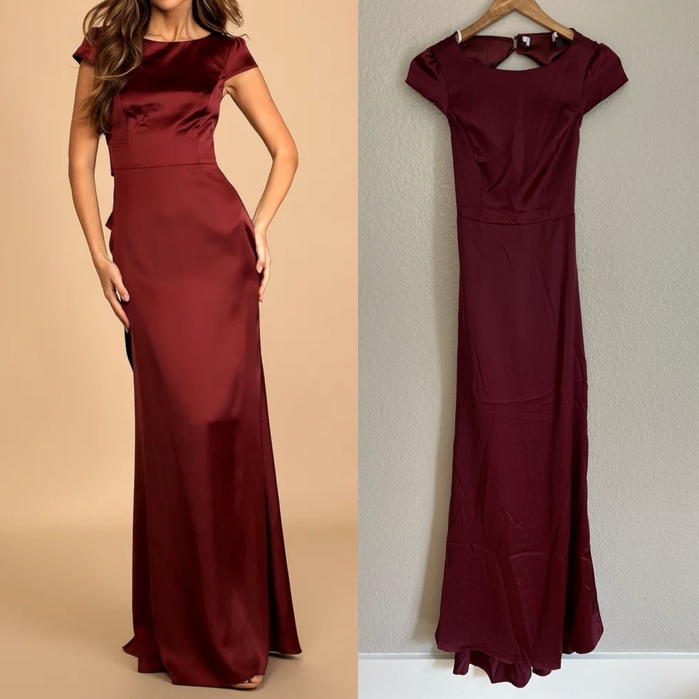 Celebration of Romance Burgundy Satin Tie-Back Maxi Dress